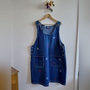 JL NY Women Midi Dress 2X Blue Star Embroidered Pocket Front 100% Cotton Denim.